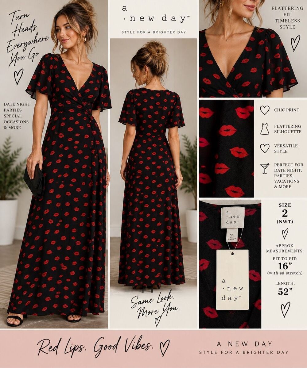A New Day Black Red Lip Print Maxi Dress Size 2 NWT